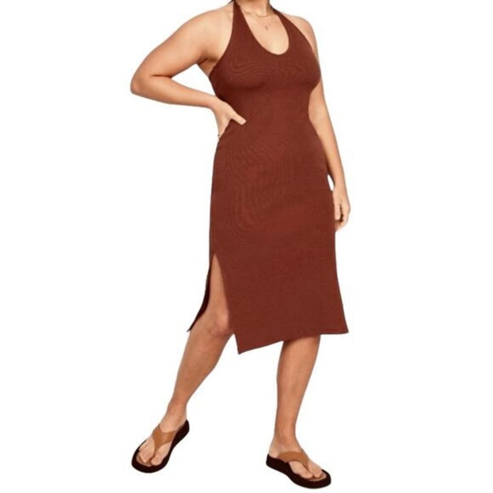 Old Navy Women's Brown Ribbed Halter Midi Dress Size M Tall
